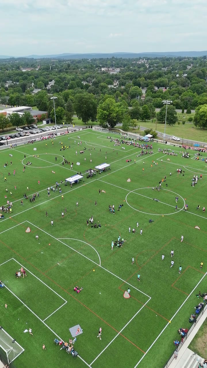 Drone view of the BRYSA 4x4 tournament fields with Winchester Virginia in the background