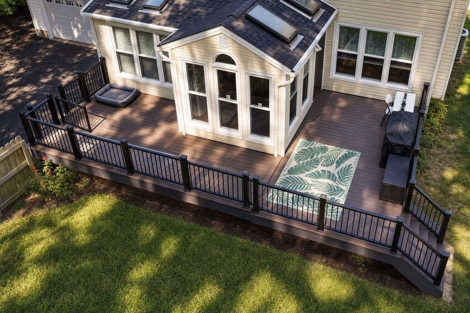 Composite deck with black railing aerial view built by Stoneridge Decks in Glen Allen, Virginia