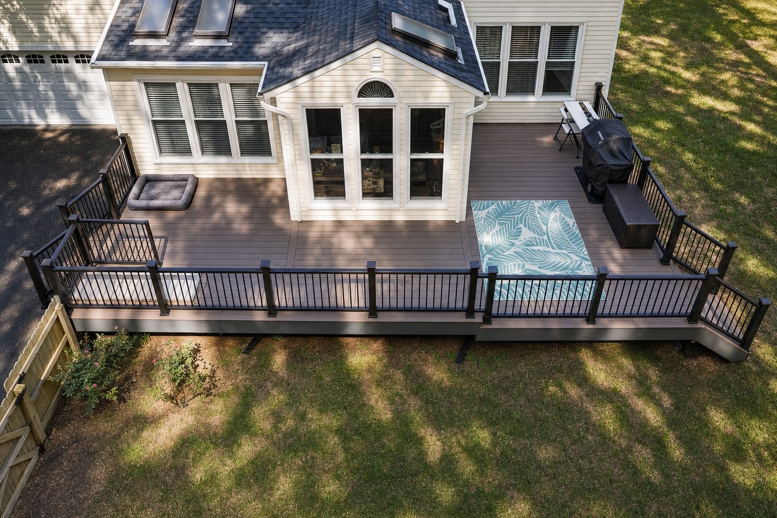 Composite deck with hot tub and black railing built by Stoneridge Decks in Glen Allen, Virginia