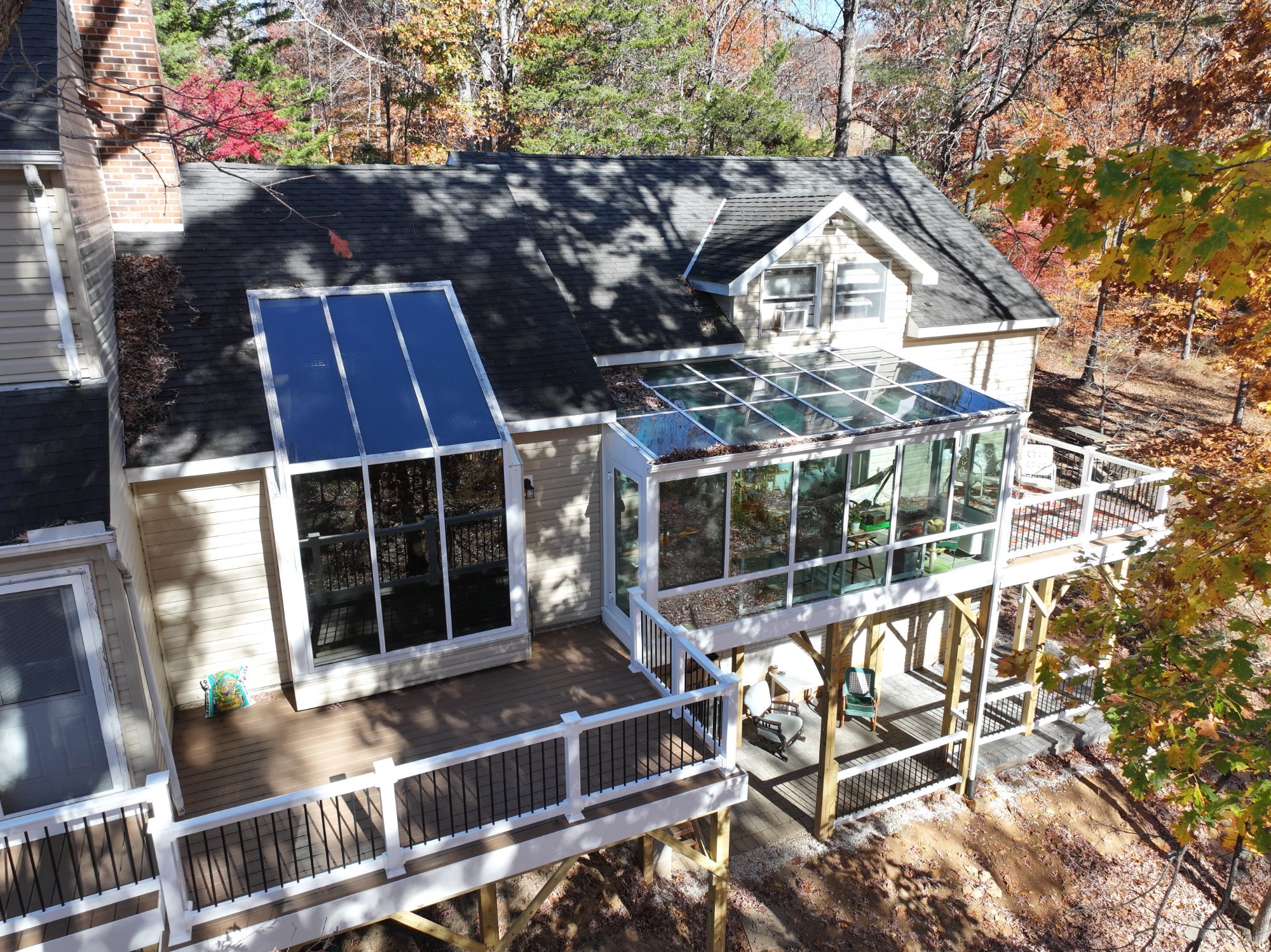Deck installation with cable railing aerial view near Richmond Virginia