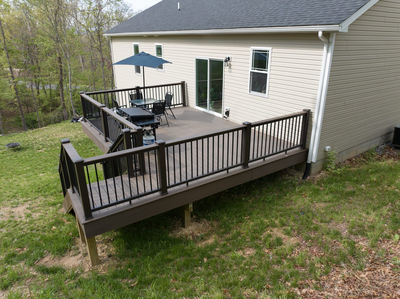 Drone photo of Stoneridge Decks for Vets composite deck build for military family in Winchester VA