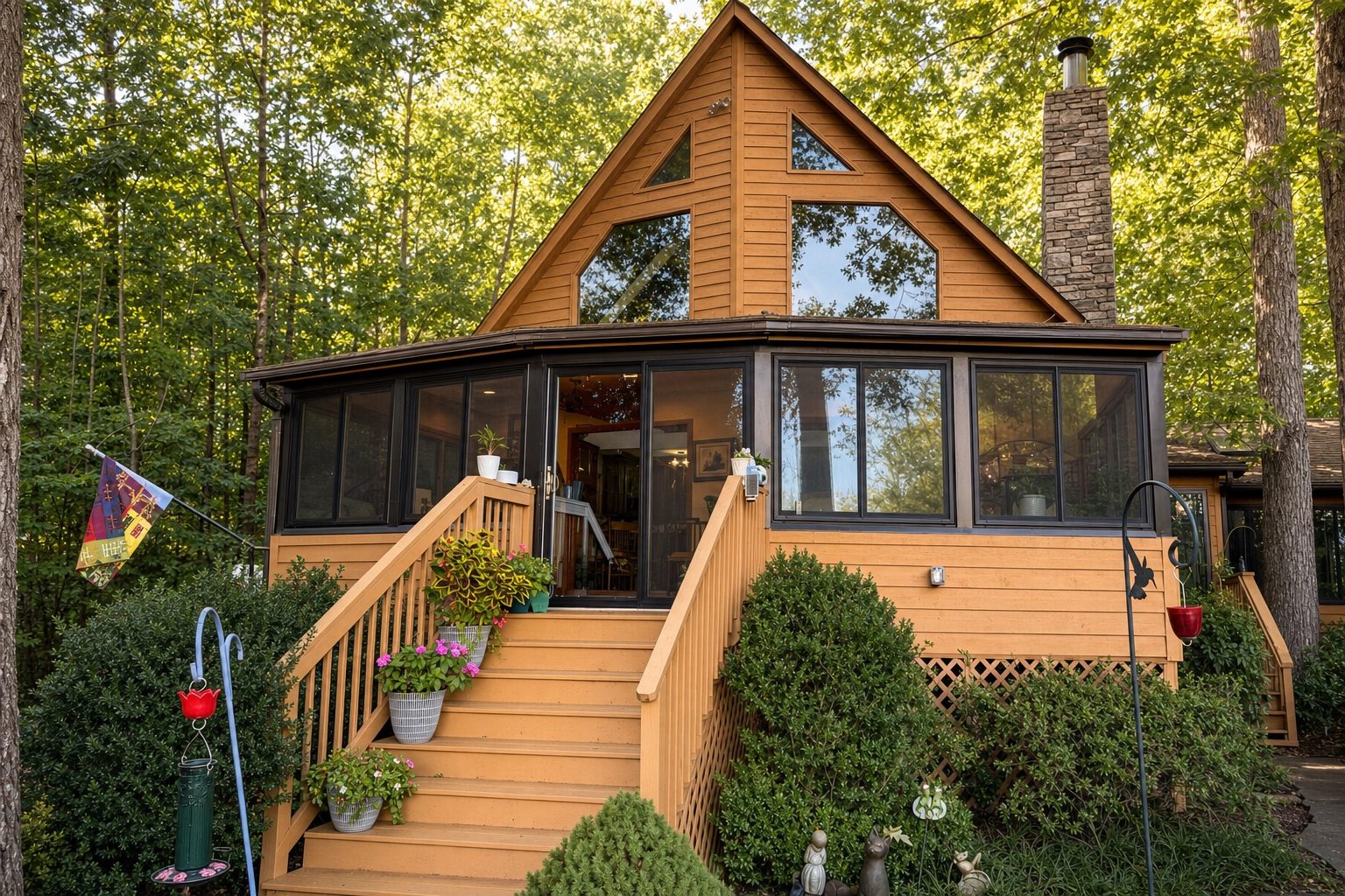 Raised sunroom with deck stairs built by Stoneridge Decks in Louisa, Virginia