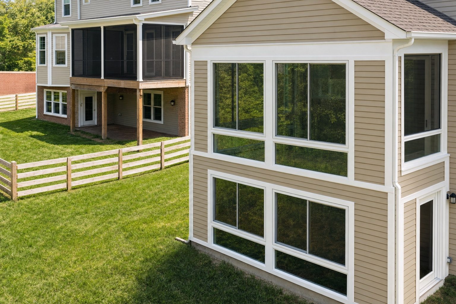 Sunroom addition exterior with large windows built by Stoneridge Decks in Glen Allen, Virginia