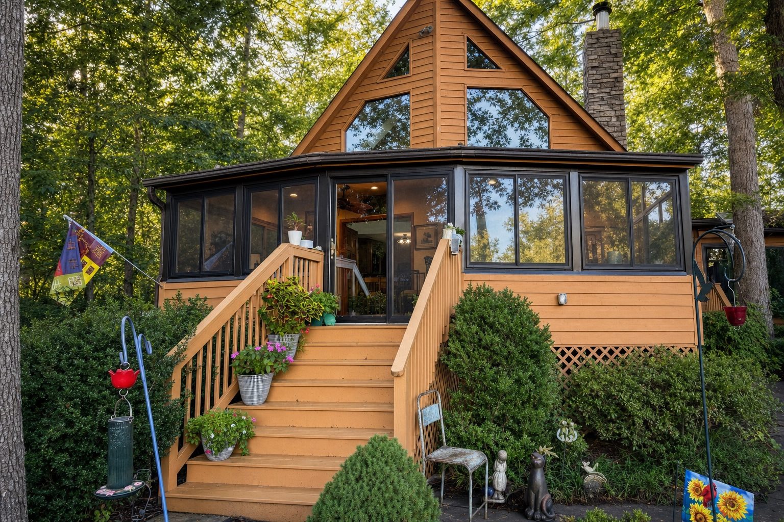 Sunroom and deck stairs on an A-frame home built by Stoneridge Decks at Lake Anna, Virginia