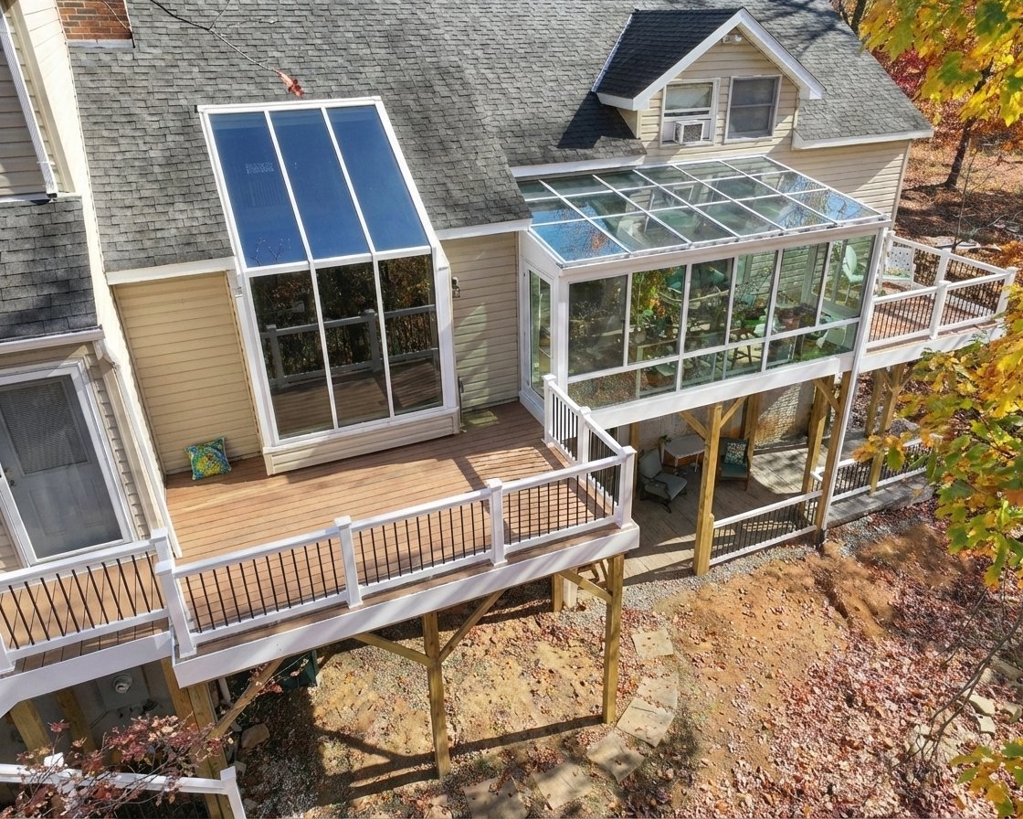 Deck, stone patio, and screen porch at sunset built by Stoneridge Decks in Virginia